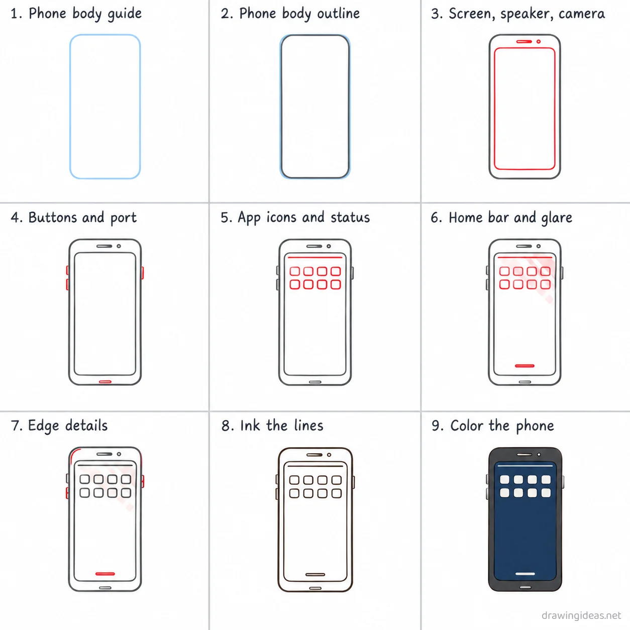 How to draw a phone step by step — 9-step phone drawing tutorial sheet