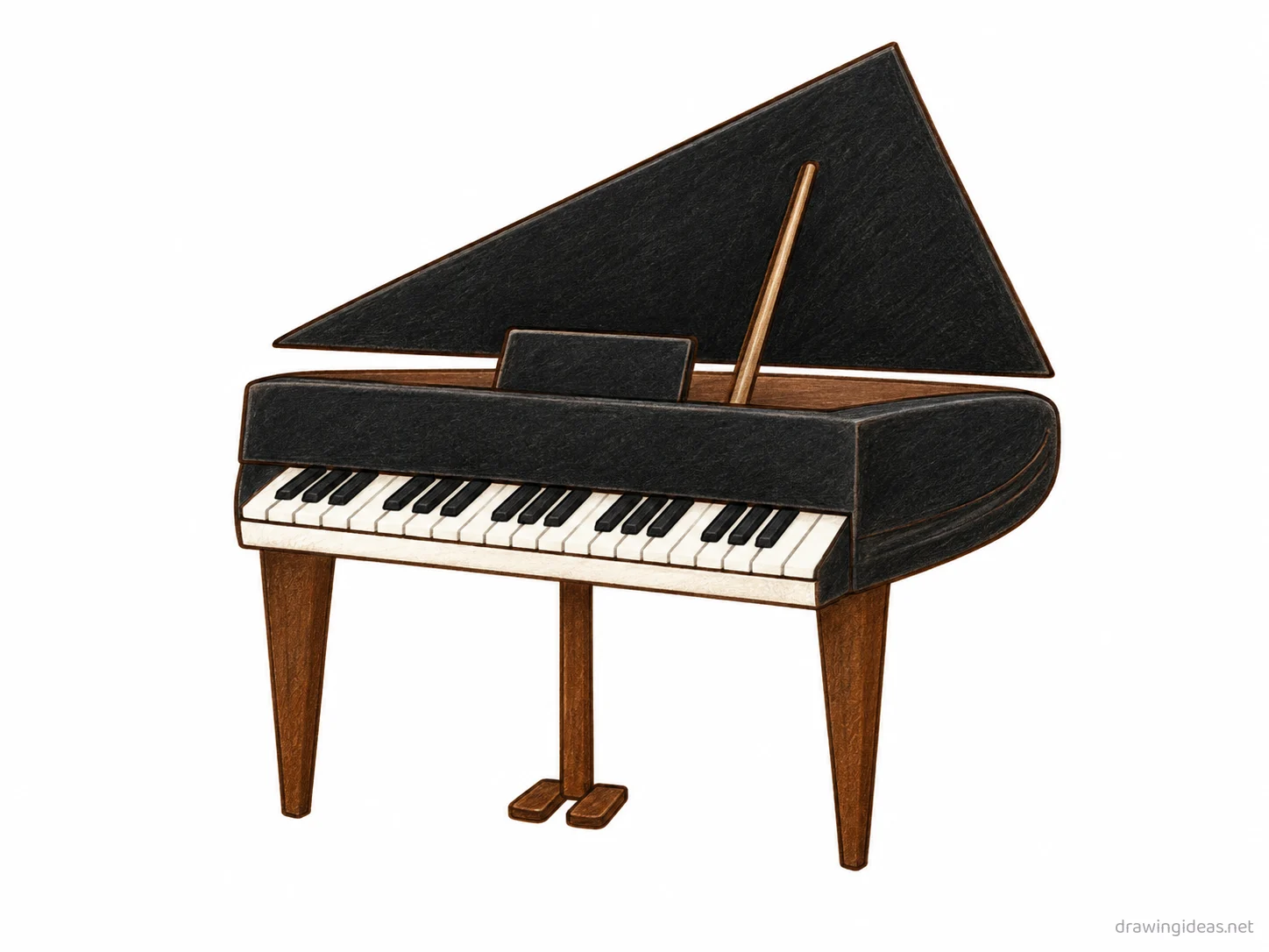 Piano drawing — hand-drawn piano illustration with ink lines and soft colors