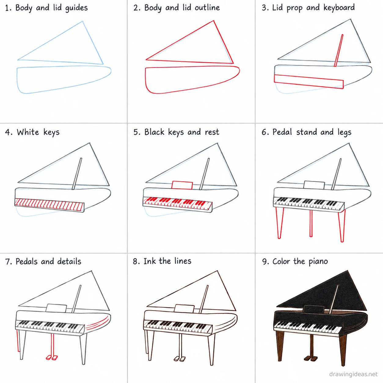 How to draw a piano step by step — 9-step piano drawing tutorial sheet