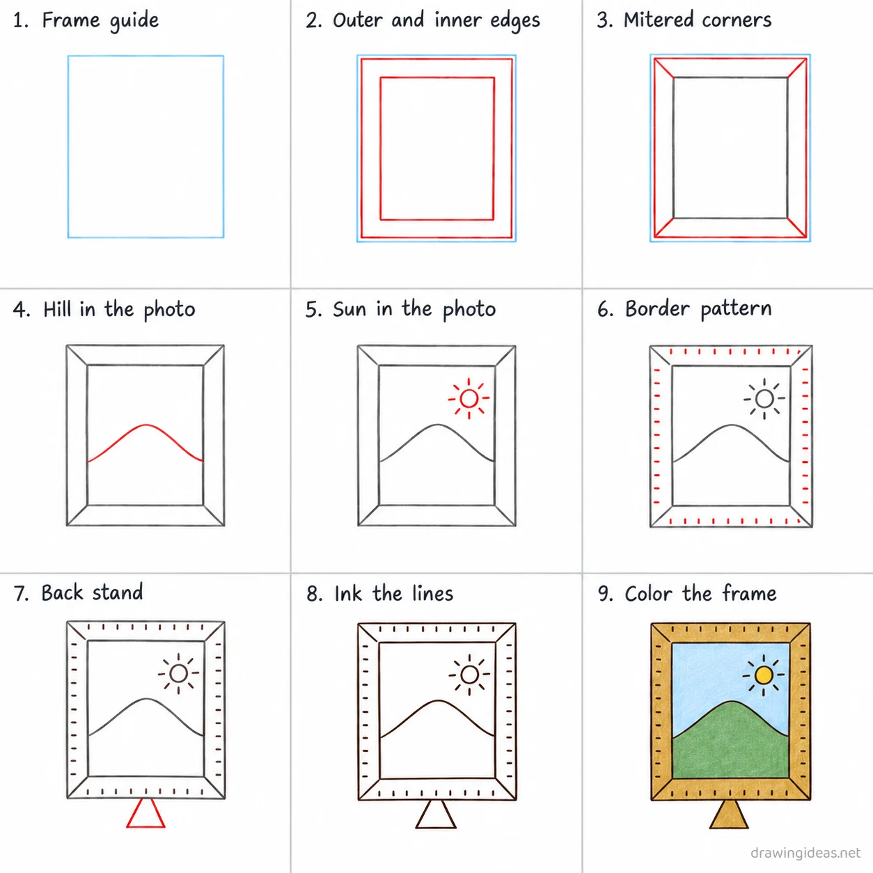 How to draw a picture frame step by step — 9-step picture frame drawing tutorial sheet