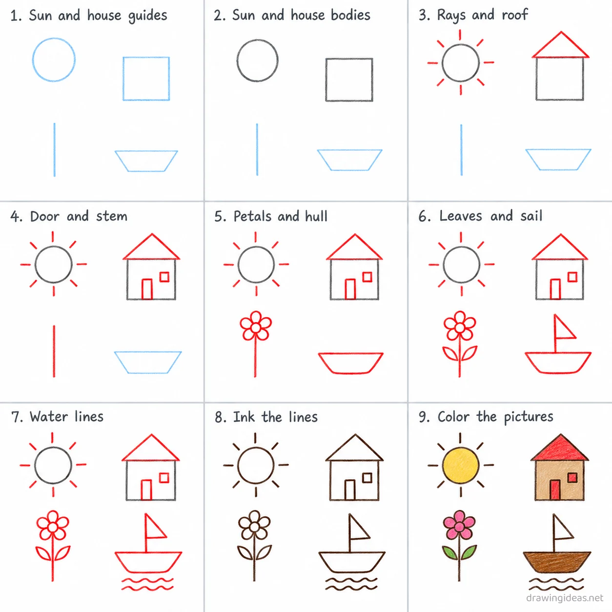 How to draw pictures step by step — 9-step pictures drawing tutorial sheet