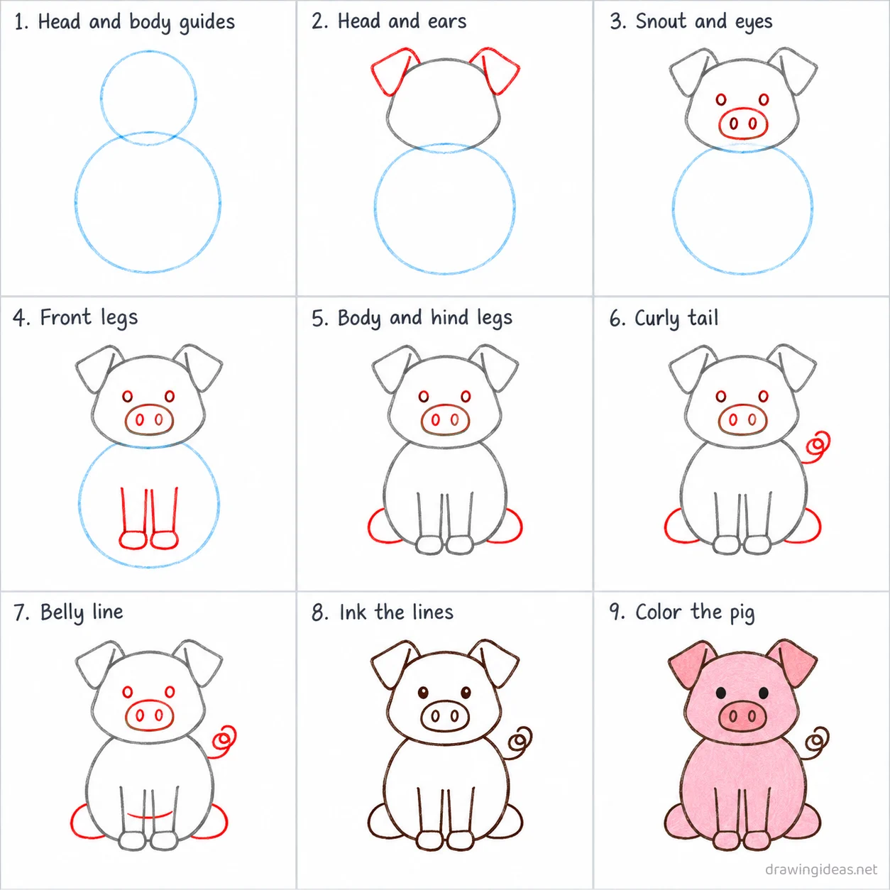 How to draw a pig step by step — 9-step pig drawing tutorial sheet