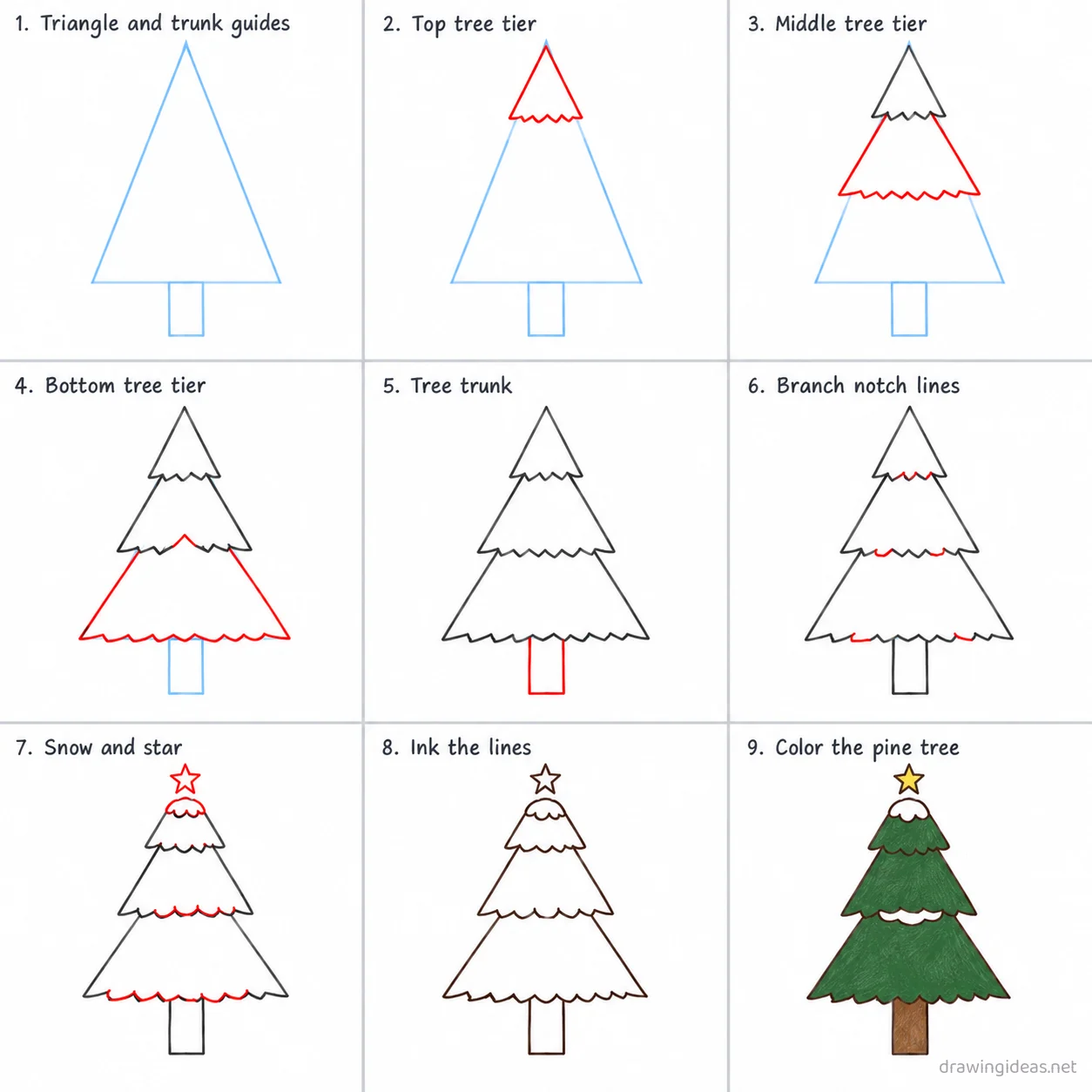 How to draw a pine tree step by step — 9-step pine tree drawing tutorial sheet