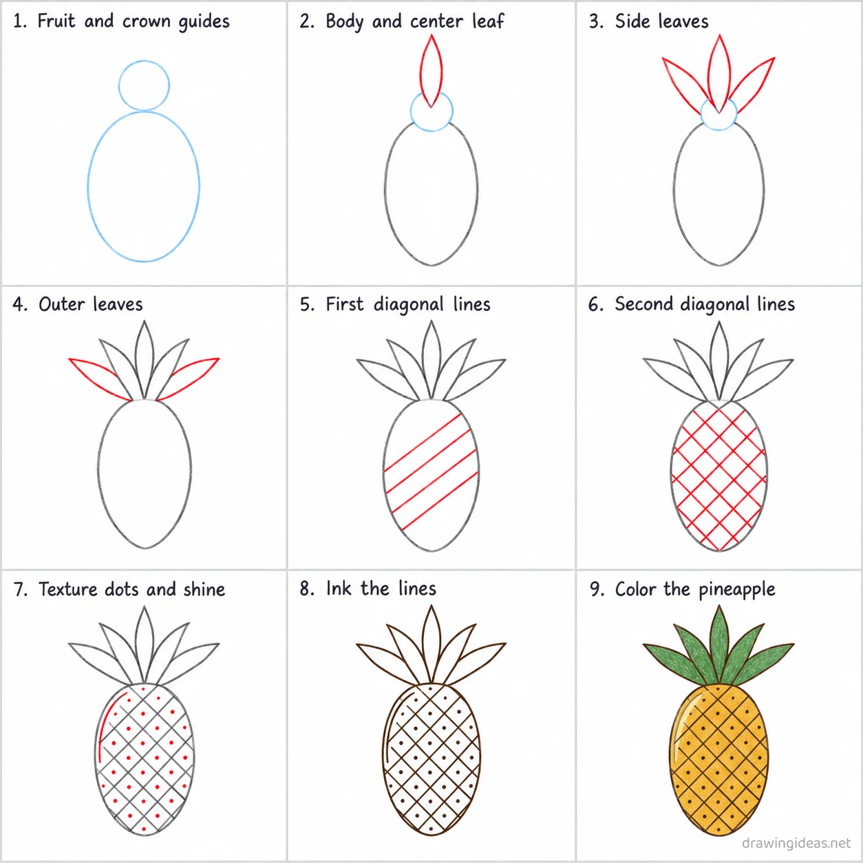 How to draw a pineapple step by step — 9-step pineapple drawing tutorial sheet