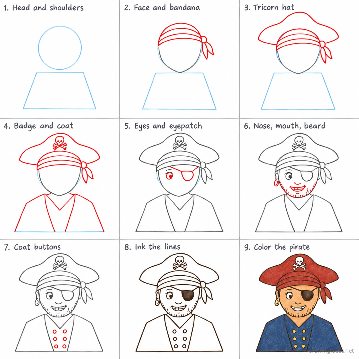 How to draw a pirate step by step — 9-step pirate drawing tutorial sheet