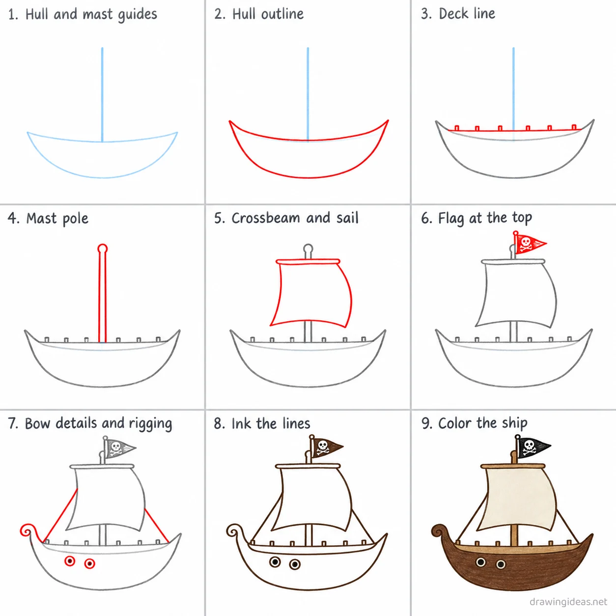 How to draw a pirate ship step by step — 9-step pirate ship drawing tutorial sheet