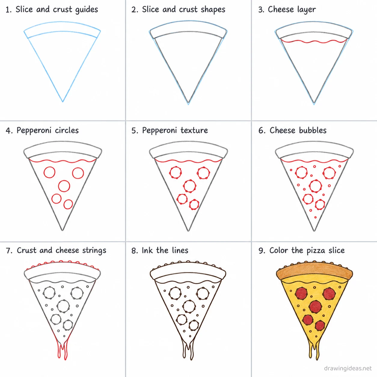 How to draw a pizza step by step — 9-step pizza drawing tutorial sheet