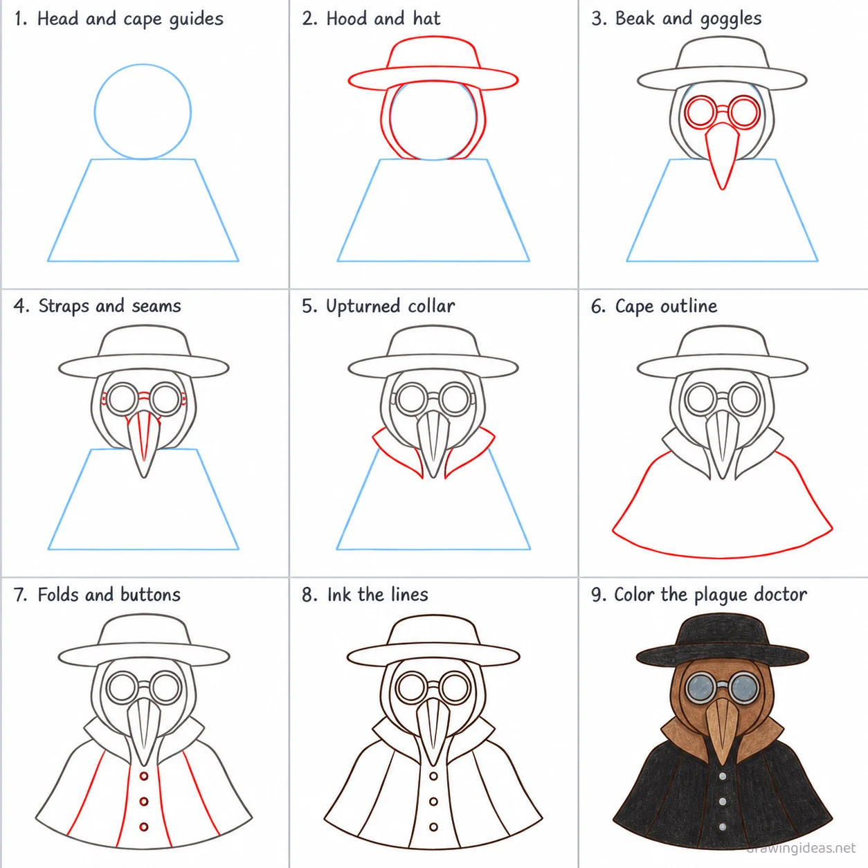 How to draw a plague doctor step by step — 9-step plague doctor drawing tutorial sheet