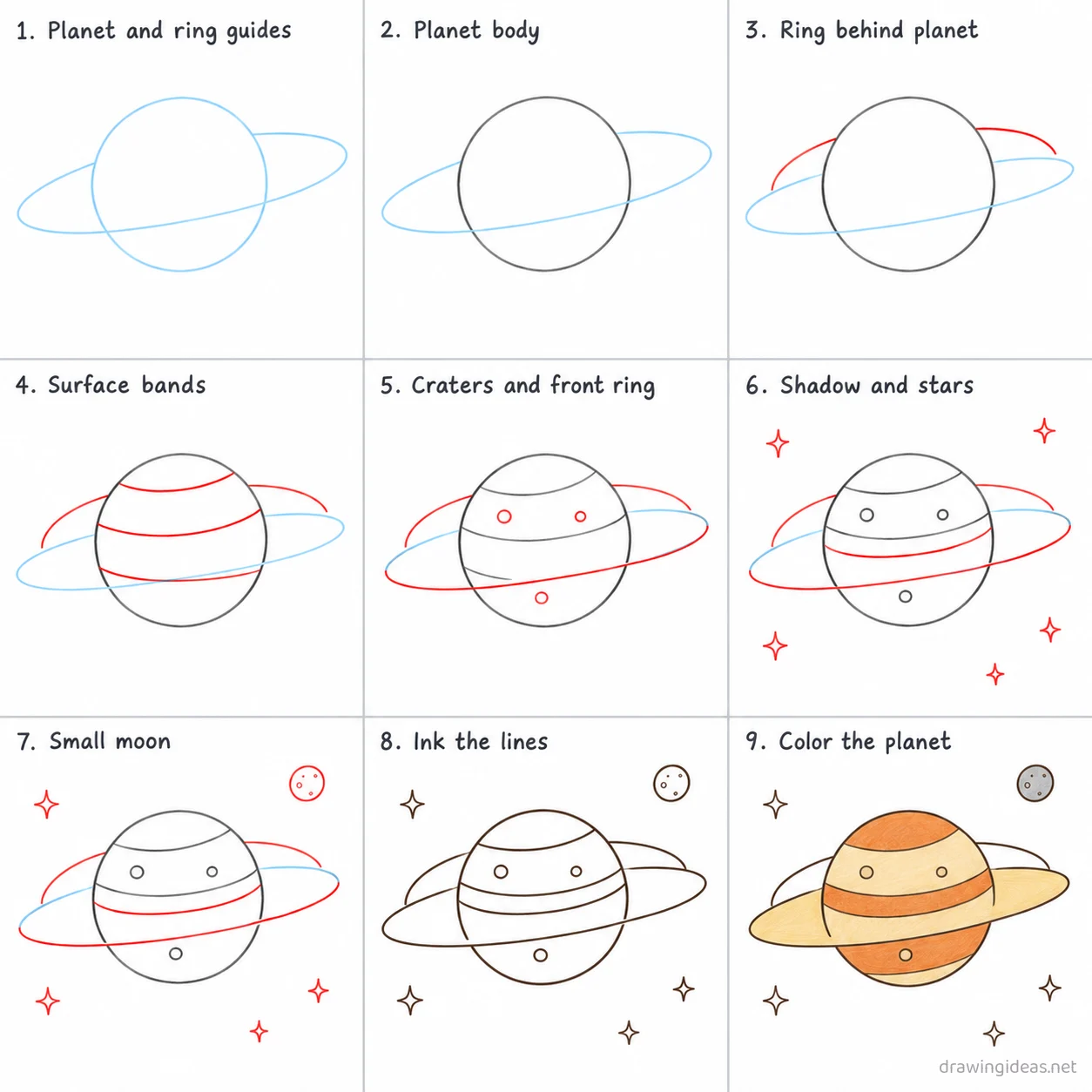 How to draw a planet step by step — 9-step planet drawing tutorial sheet