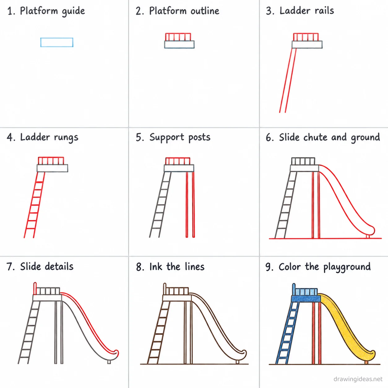 How to draw a playground step by step — 9-step playground drawing tutorial sheet