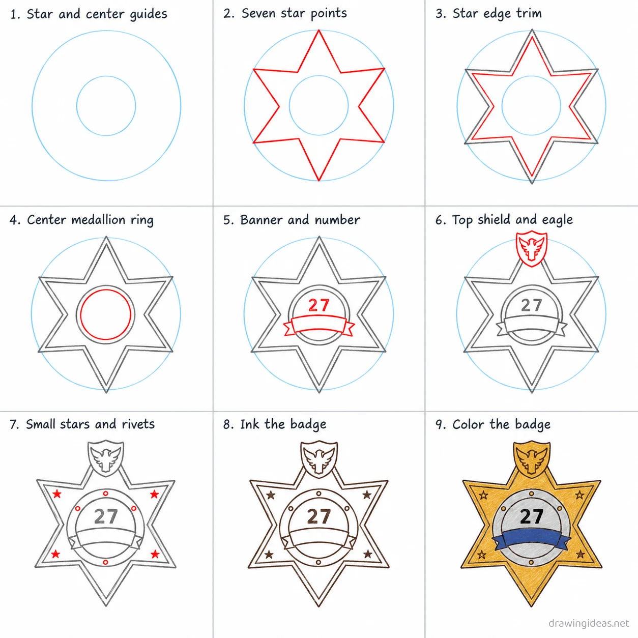 How to draw a police badge step by step — 9-step police badge drawing tutorial sheet