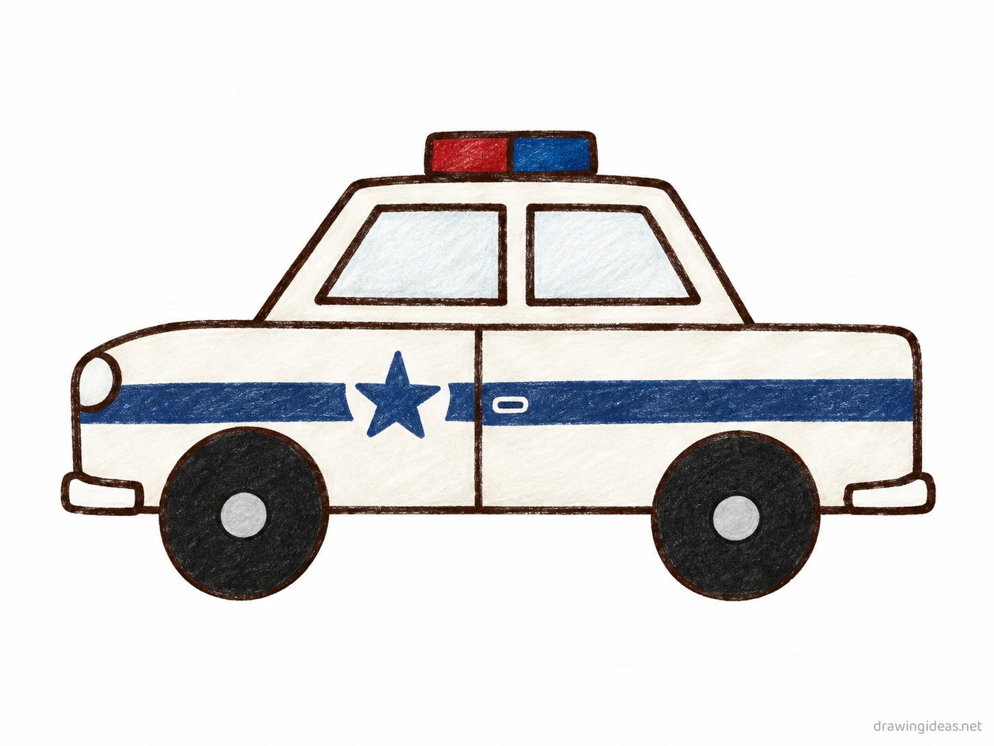 Police Car drawing — hand-drawn police car illustration with ink lines and soft colors