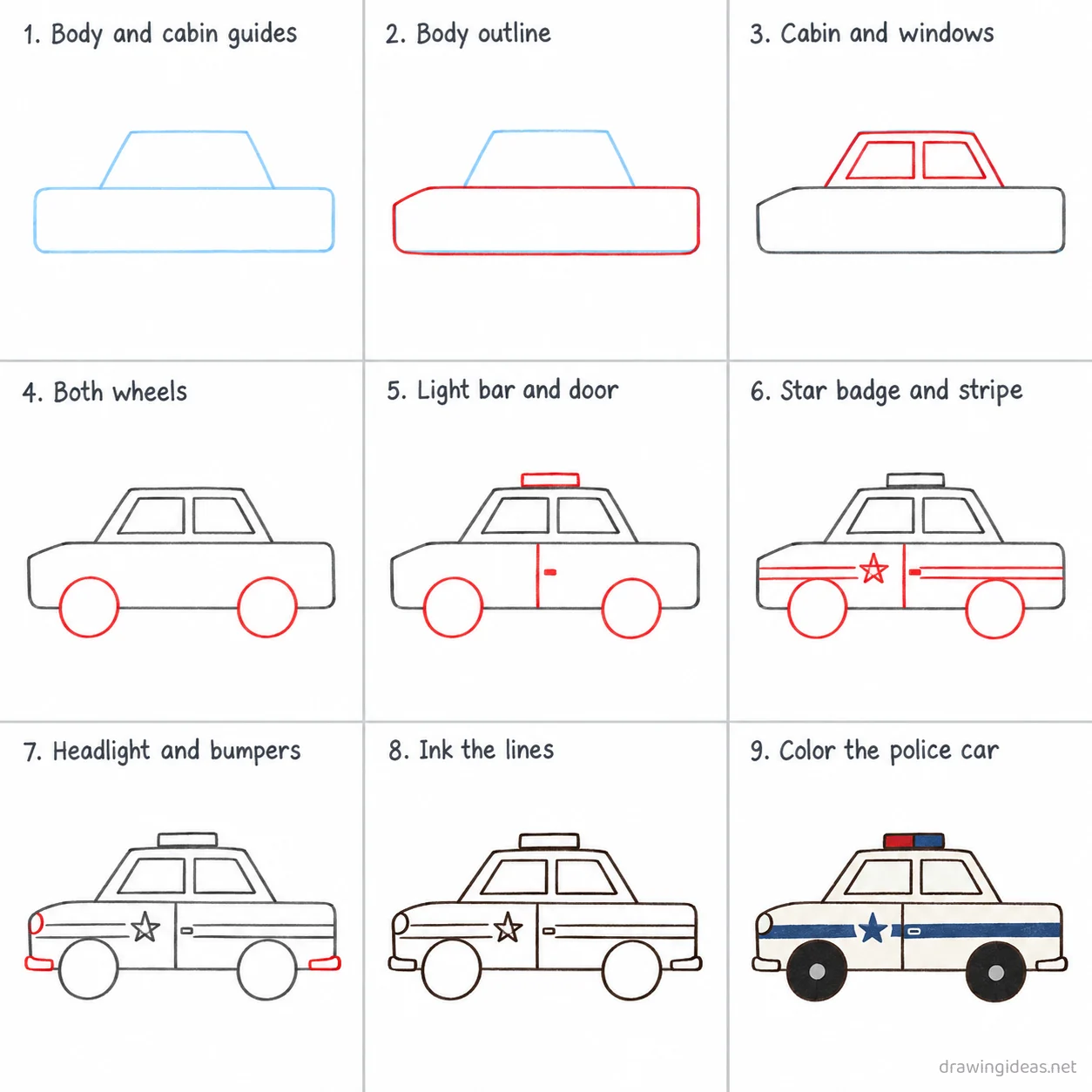 How to draw a police car step by step — 9-step police car drawing tutorial sheet