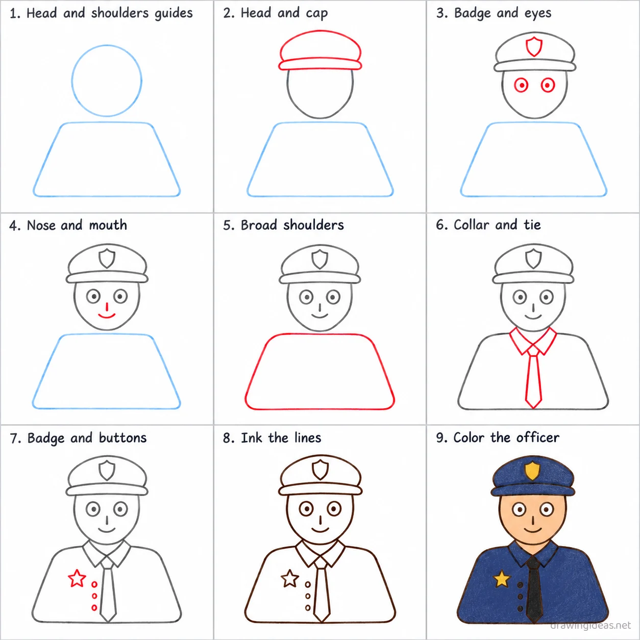 How to draw a police step by step — 9-step police drawing tutorial sheet