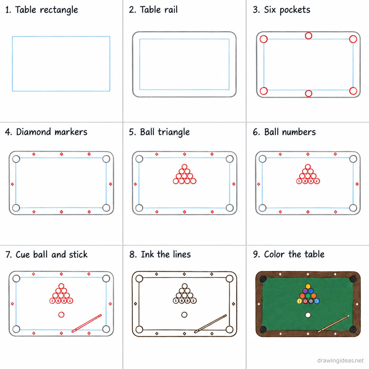 How to draw a pool step by step — 9-step pool drawing tutorial sheet