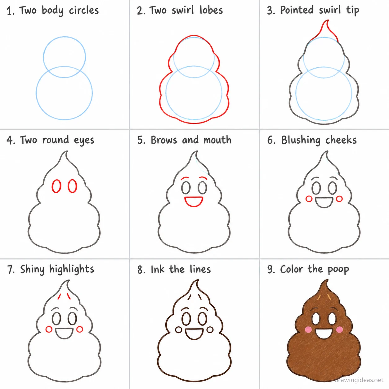 How to draw poop step by step — 9-step poop drawing tutorial sheet