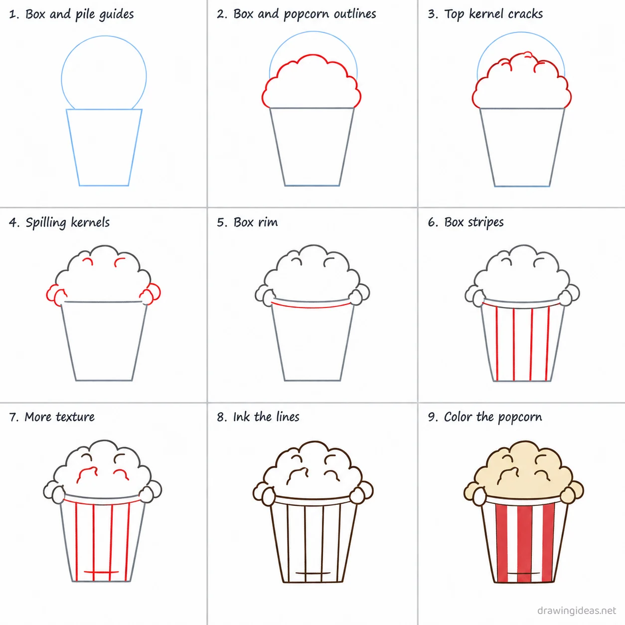 How to draw popcorn step by step — 9-step popcorn drawing tutorial sheet
