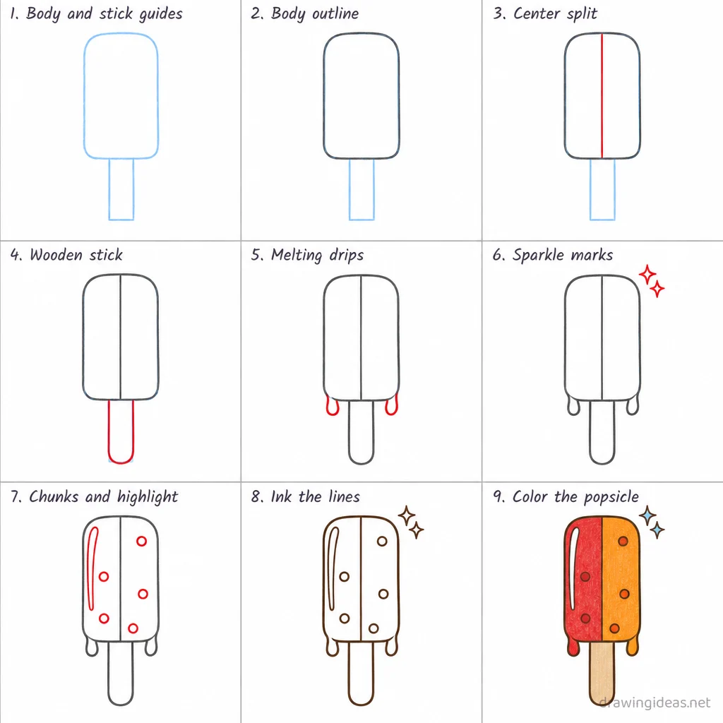 How to draw a popsicle step by step — 9-step popsicle drawing tutorial sheet