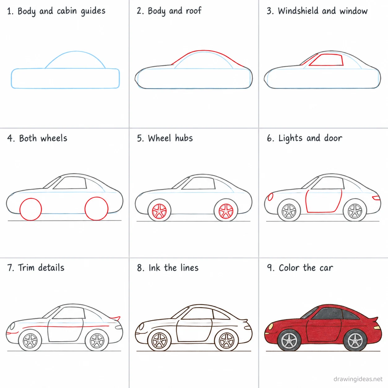 How to draw a porsche 911 step by step — 9-step porsche 911 drawing tutorial sheet