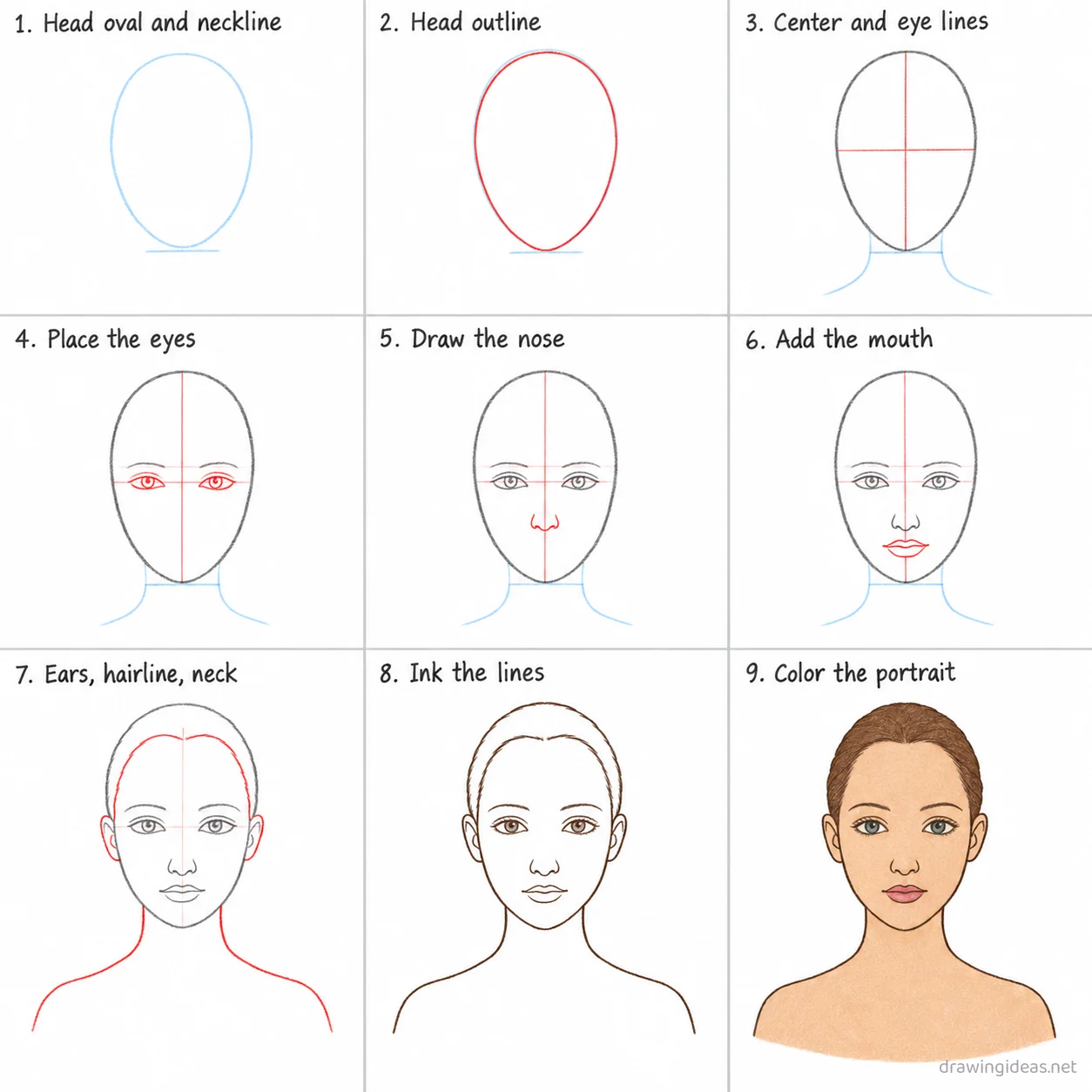 How to draw a portrait step by step — 9-step portrait drawing tutorial sheet