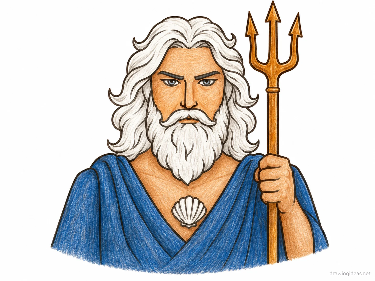 Poseidon drawing — hand-drawn Poseidon illustration with ink lines and soft colors
