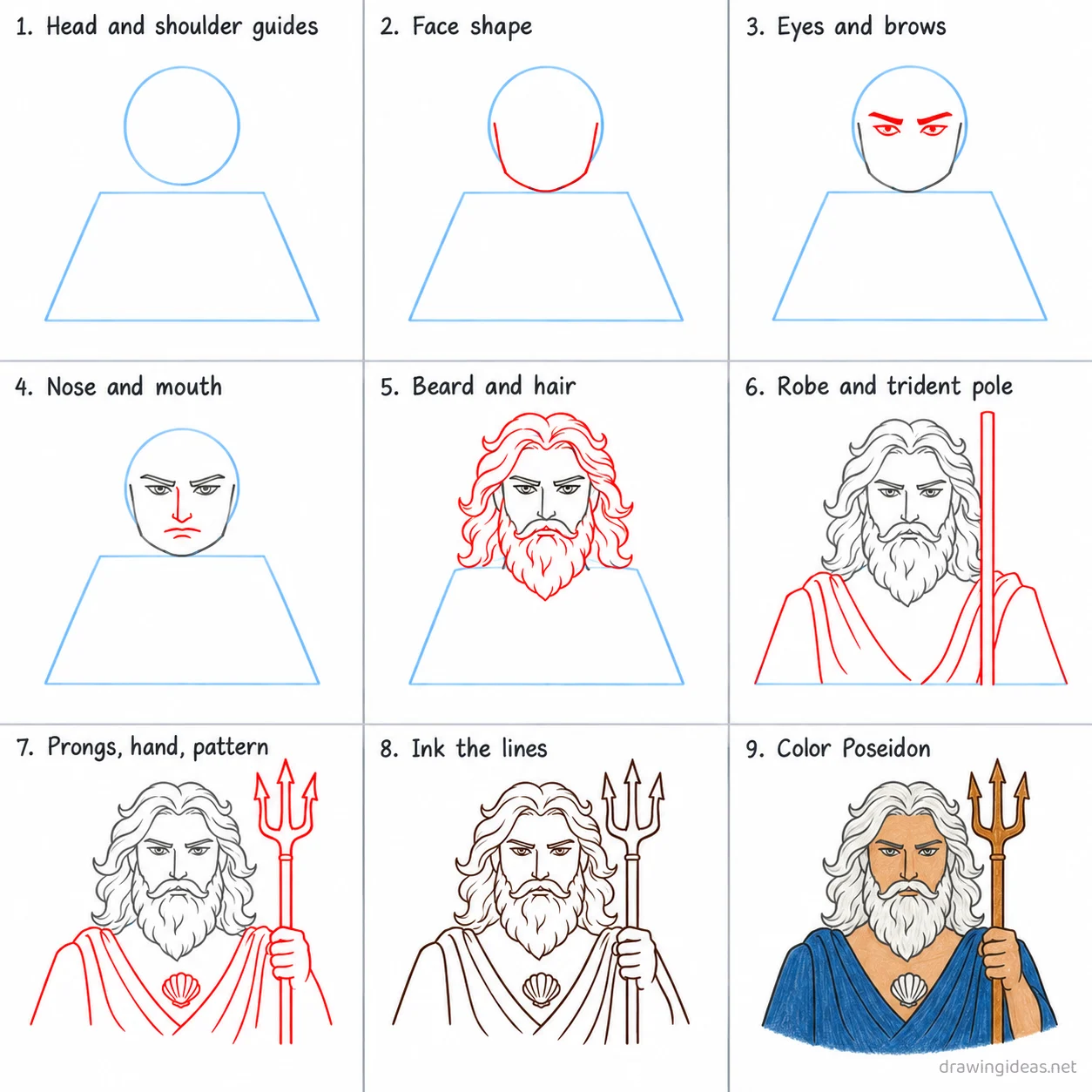 How to draw Poseidon step by step — 9-step Poseidon drawing tutorial sheet