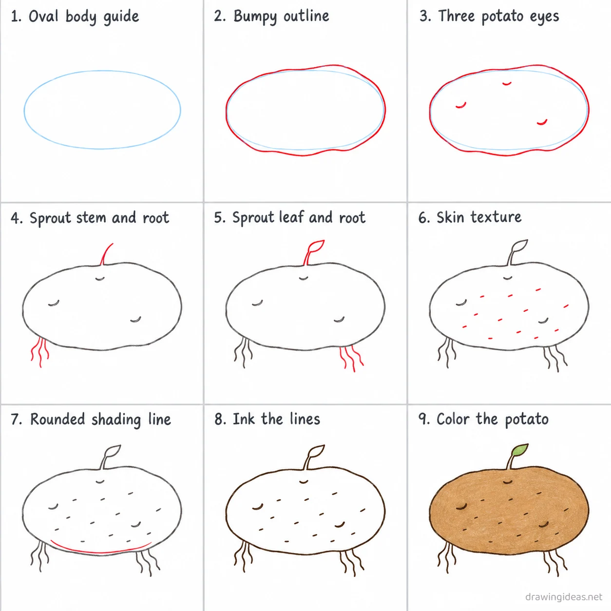 How to draw a potato step by step — 9-step potato drawing tutorial sheet