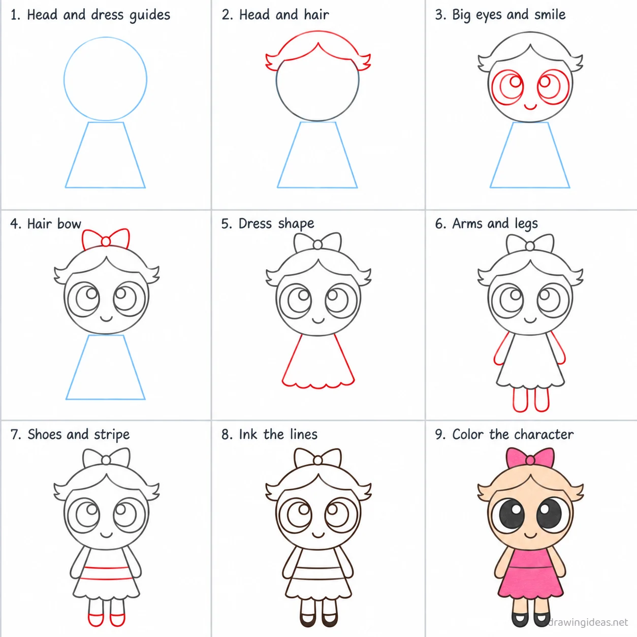 How to draw the Powerpuff Girls step by step — 9-step Powerpuff Girls drawing tutorial sheet