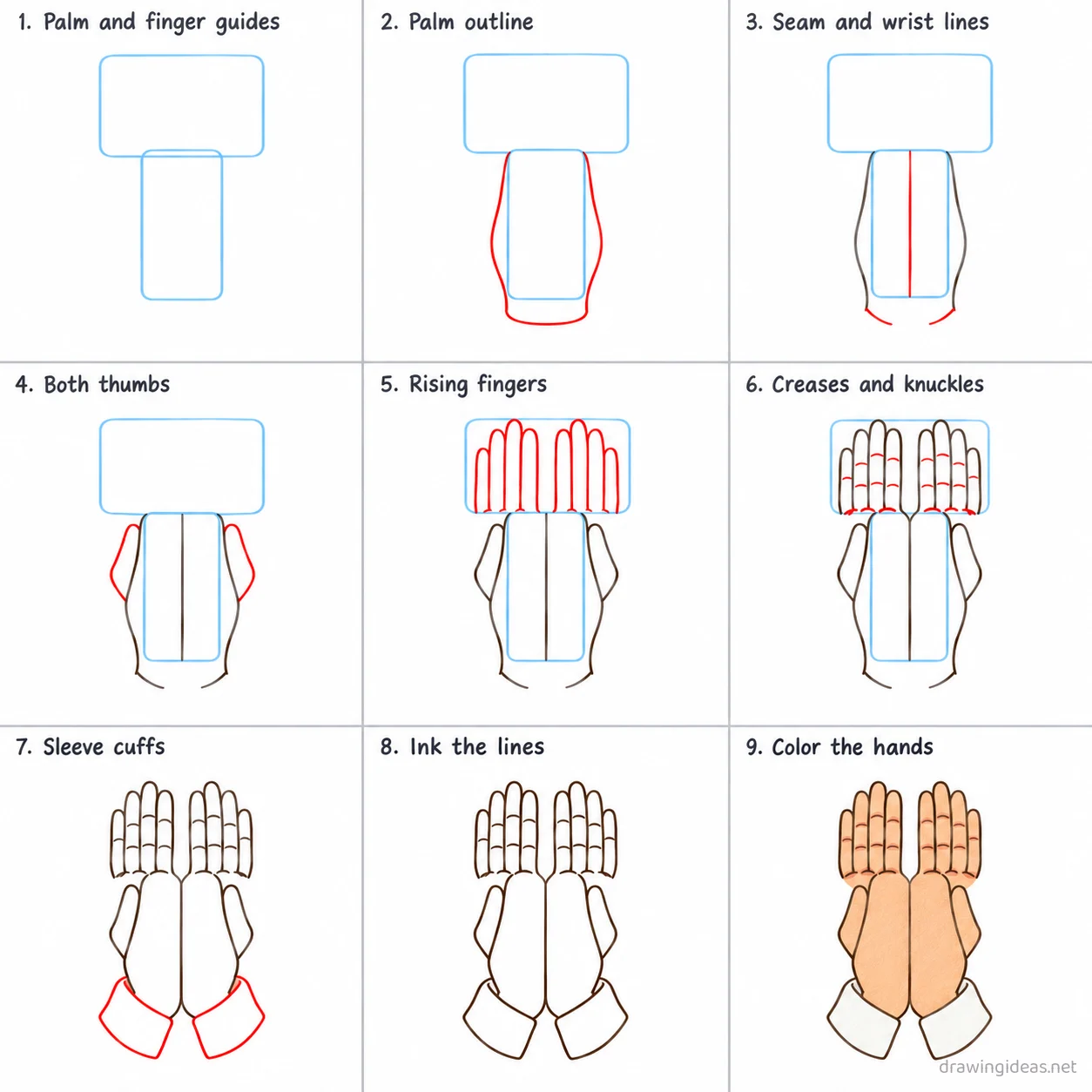 How to draw praying hands step by step — 9-step praying hands drawing tutorial sheet