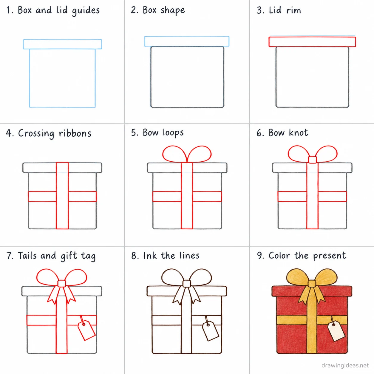 How to draw a present step by step — 9-step present drawing tutorial sheet