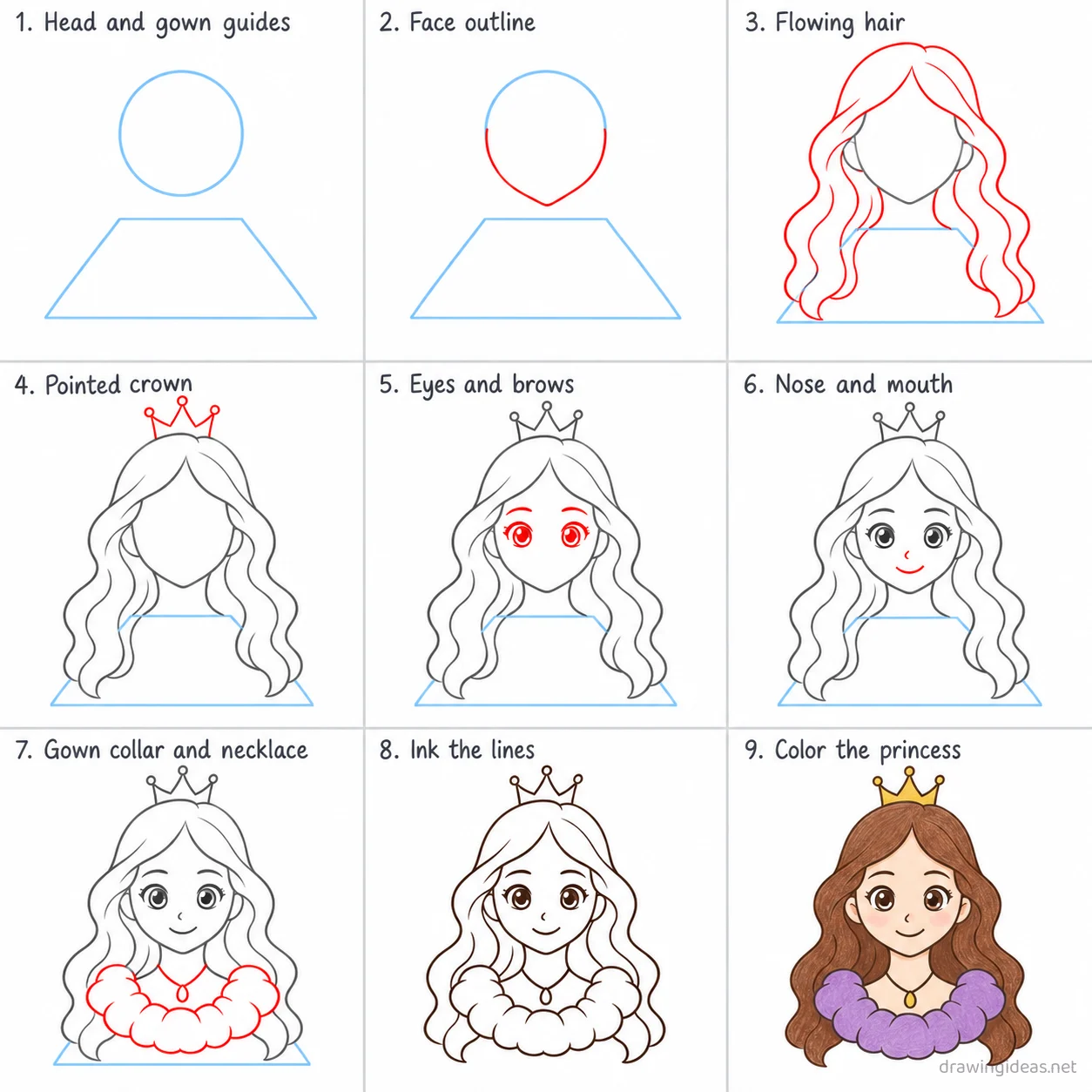 How to draw a princess step by step — 9-step princess drawing tutorial sheet