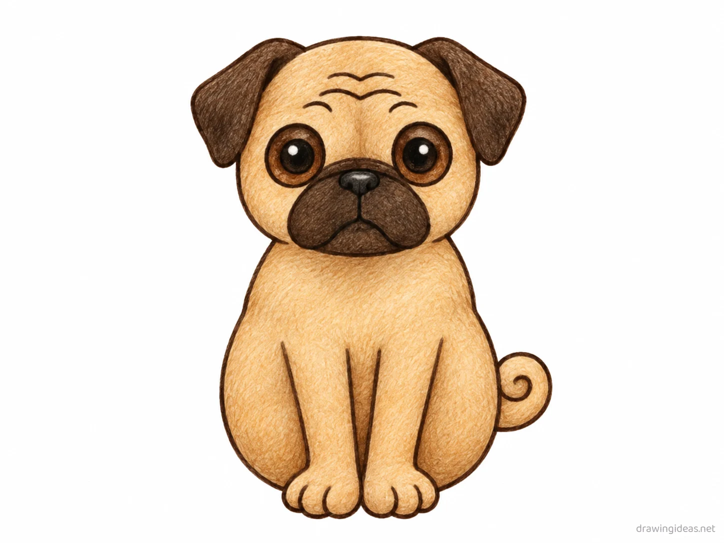 Pug drawing — hand-drawn pug illustration with ink lines and soft colors