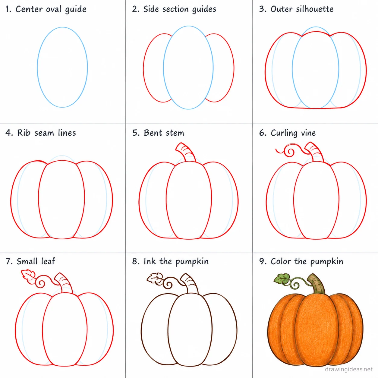 How to draw a pumpkin step by step — 9-step pumpkin drawing tutorial sheet
