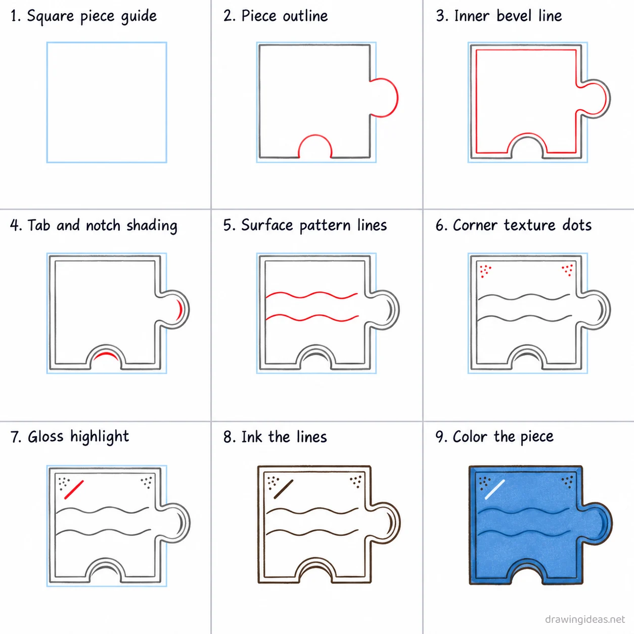 How to draw a puzzle piece step by step — 9-step puzzle piece drawing tutorial sheet