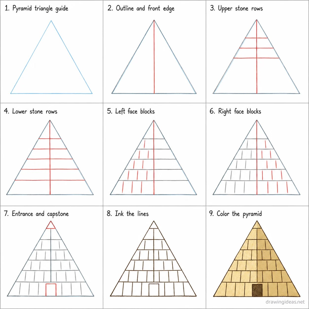 How to draw a pyramid step by step — 9-step pyramid drawing tutorial sheet