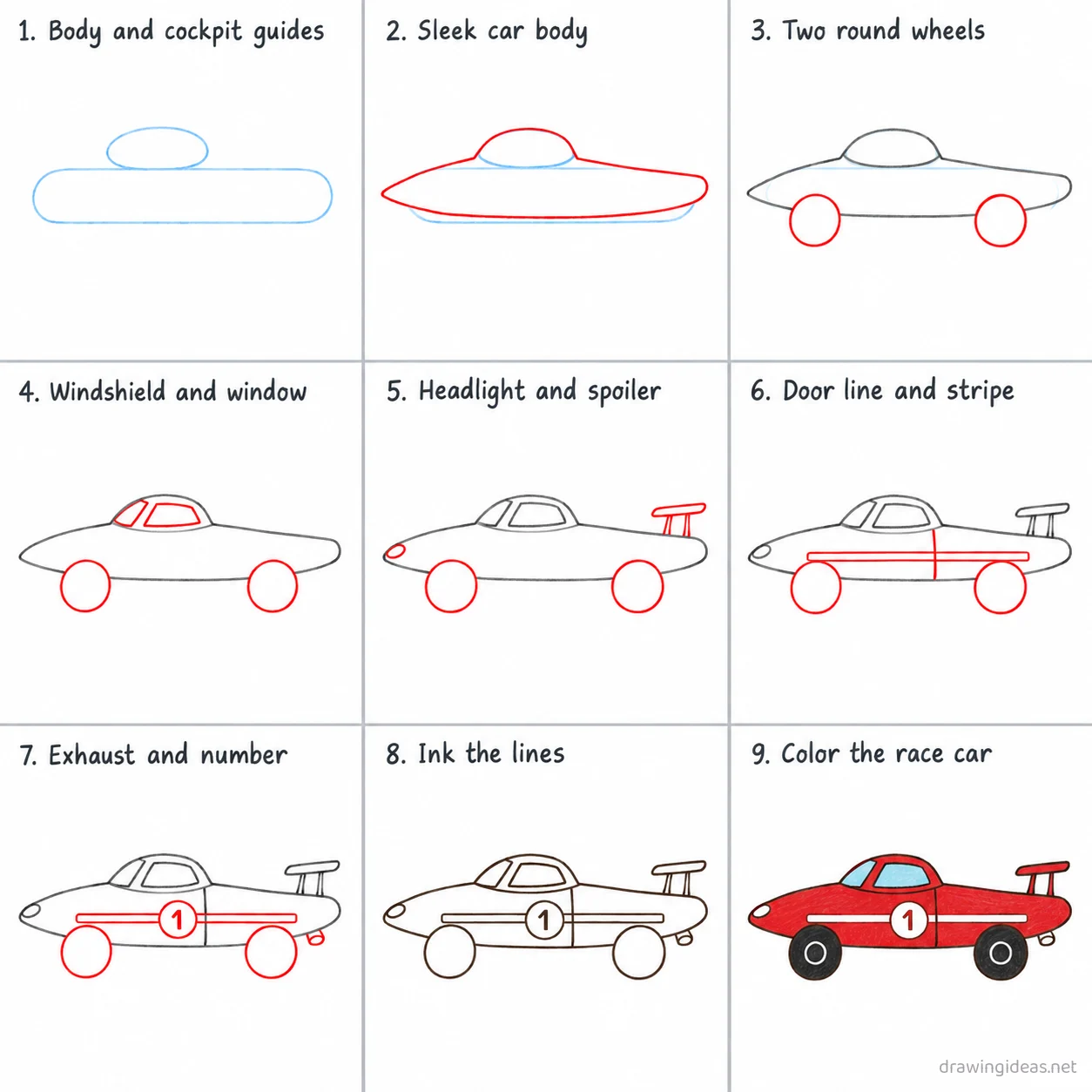 How to draw a race car step by step — 9-step race car drawing tutorial sheet