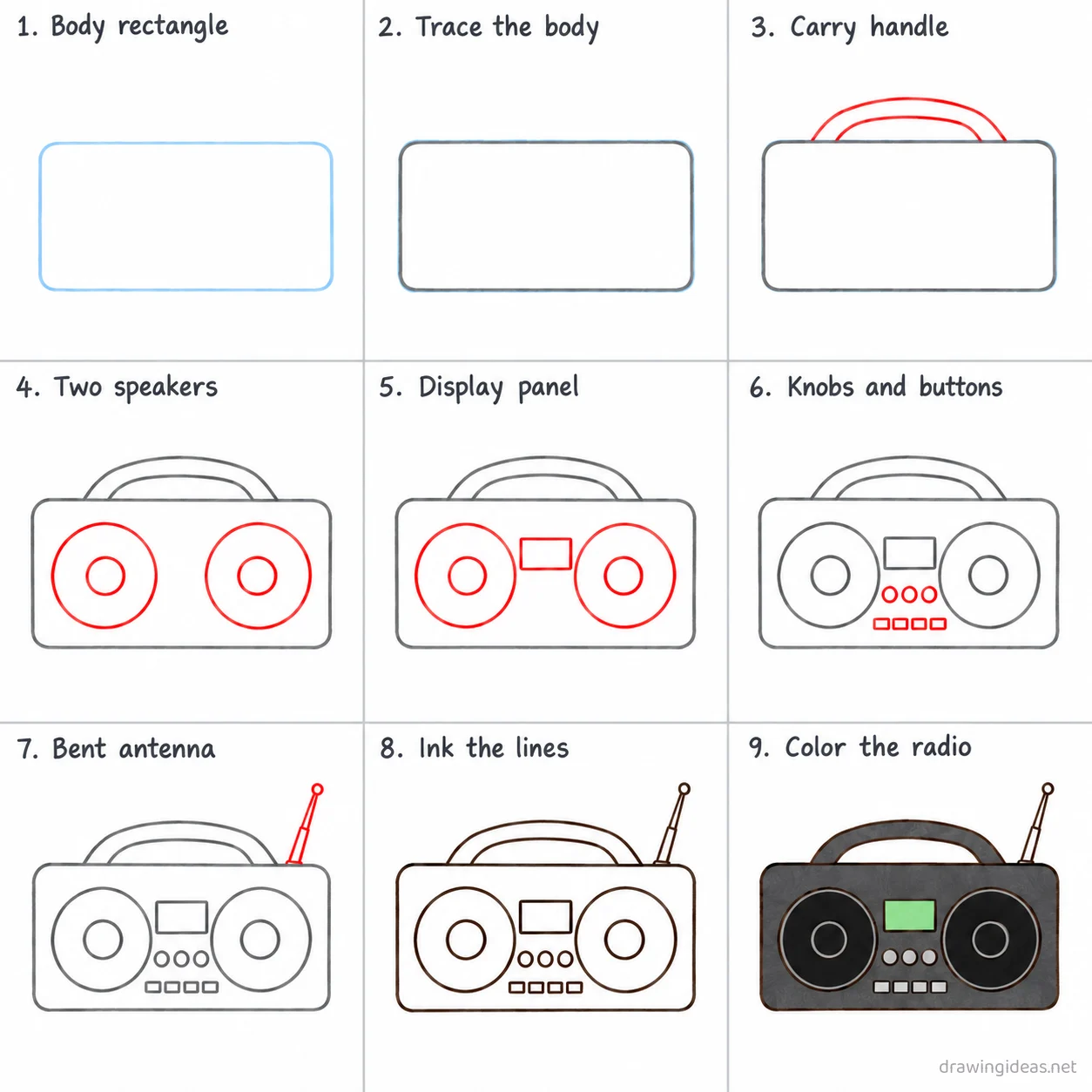 How to draw a radio step by step — 9-step radio drawing tutorial sheet
