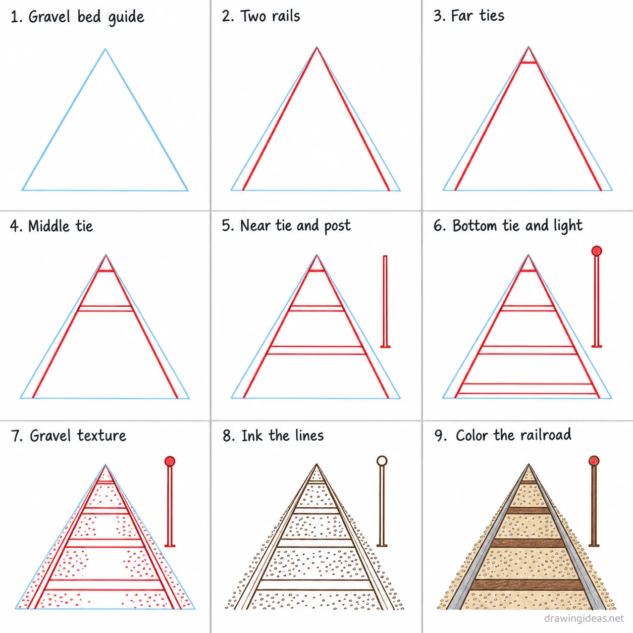 How to draw a railroad step by step — 9-step railroad drawing tutorial sheet