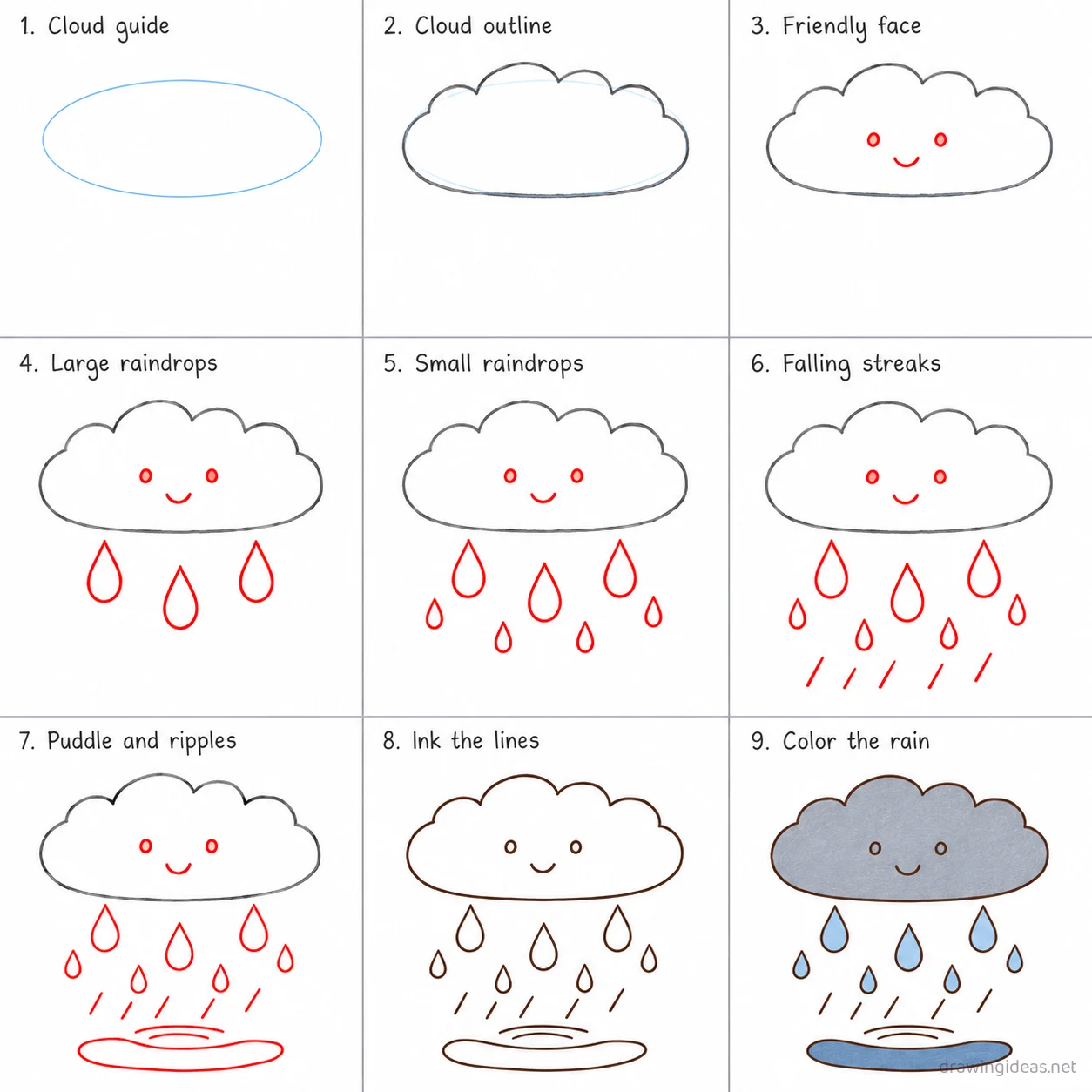 How to draw rain step by step — 9-step rain drawing tutorial sheet