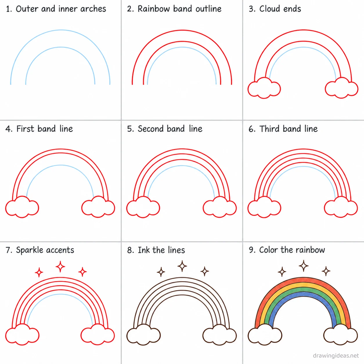 How to draw a rainbow step by step — 9-step rainbow drawing tutorial sheet