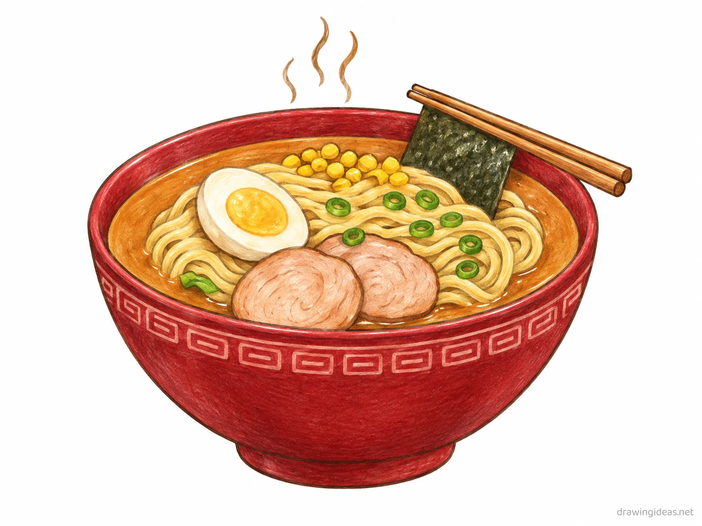Ramen drawing — hand-drawn ramen illustration with ink lines and soft colors