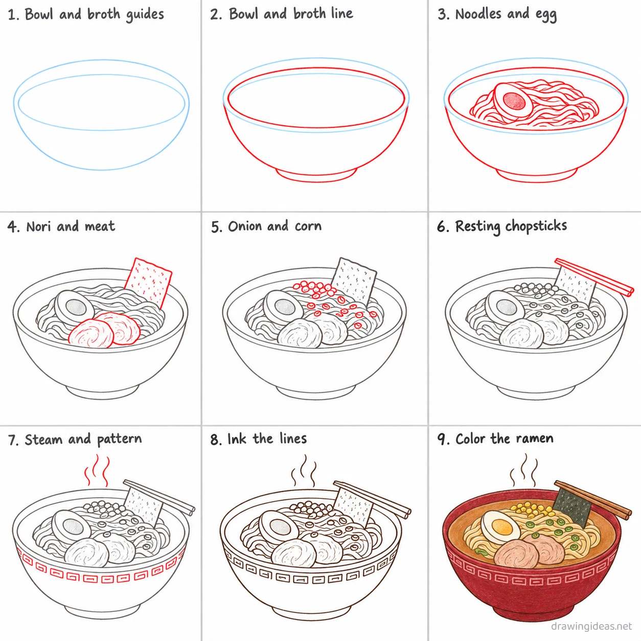 How to draw ramen step by step — 9-step ramen drawing tutorial sheet