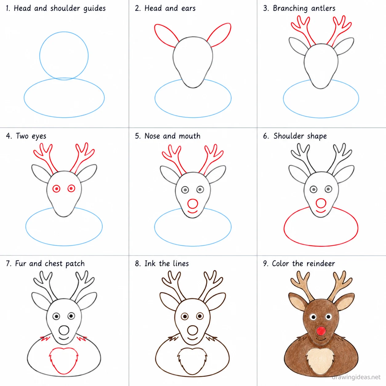 How to draw a reindeer step by step — 9-step reindeer drawing tutorial sheet
