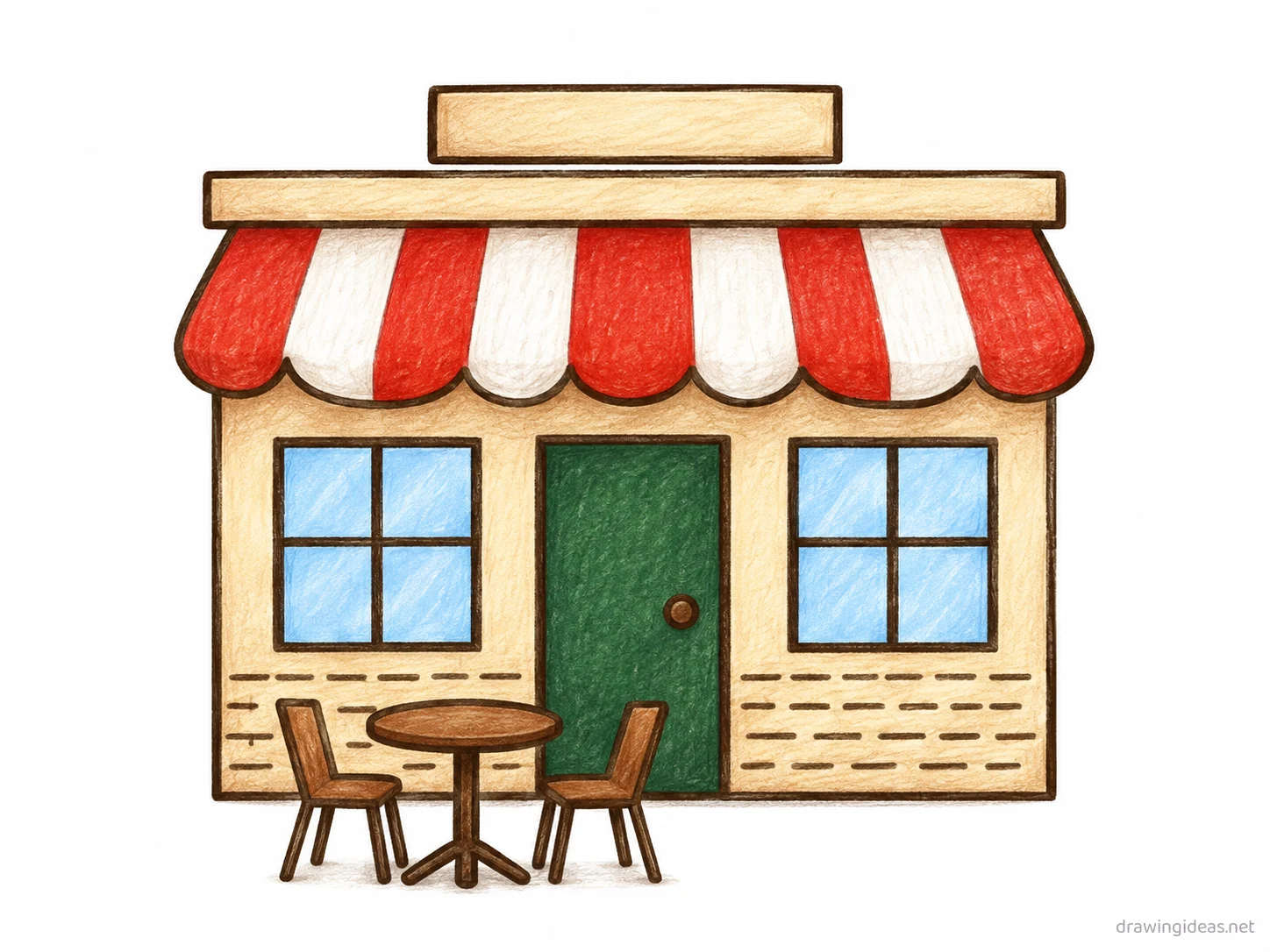 Restaurant drawing — hand-drawn restaurant illustration with ink lines and soft colors