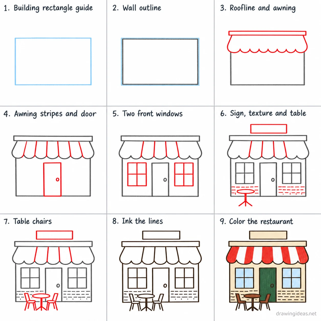 How to draw a restaurant step by step — 9-step restaurant drawing tutorial sheet