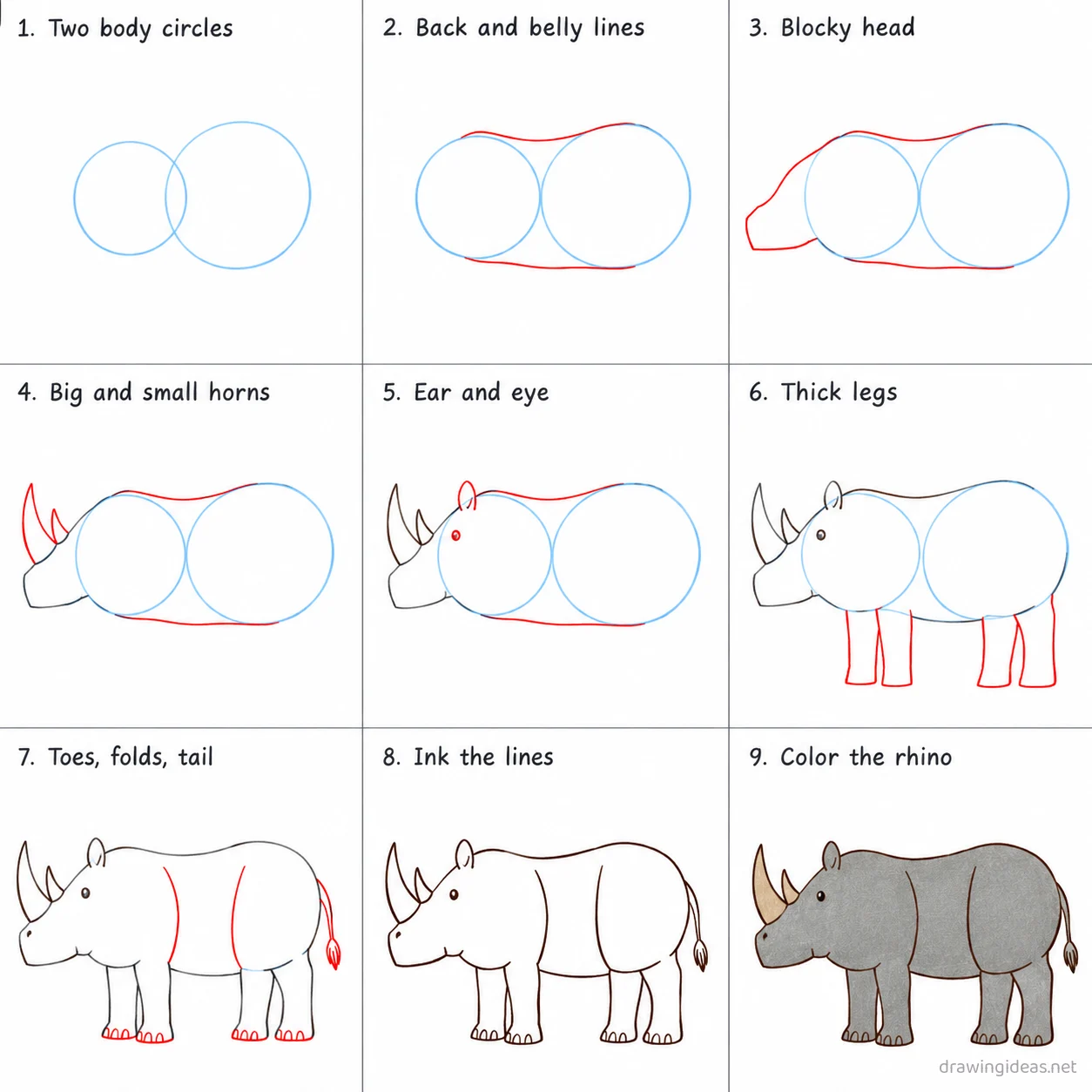 How to draw a rhino step by step — 9-step rhino drawing tutorial sheet