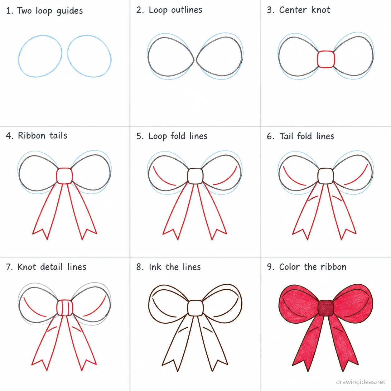 How to draw a ribbon step by step — 9-step ribbon drawing tutorial sheet