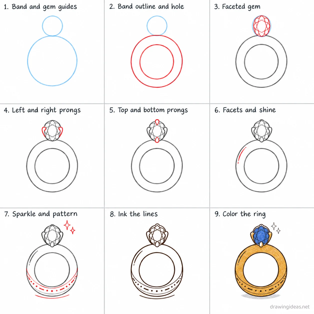 How to draw a ring step by step — 9-step ring drawing tutorial sheet