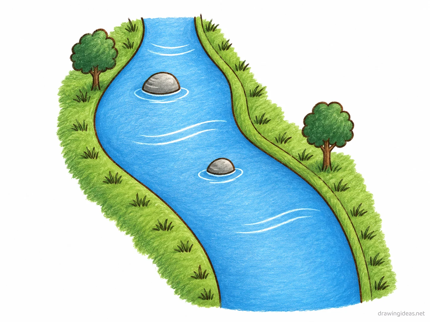 River drawing — hand-drawn river illustration with ink lines and soft colors