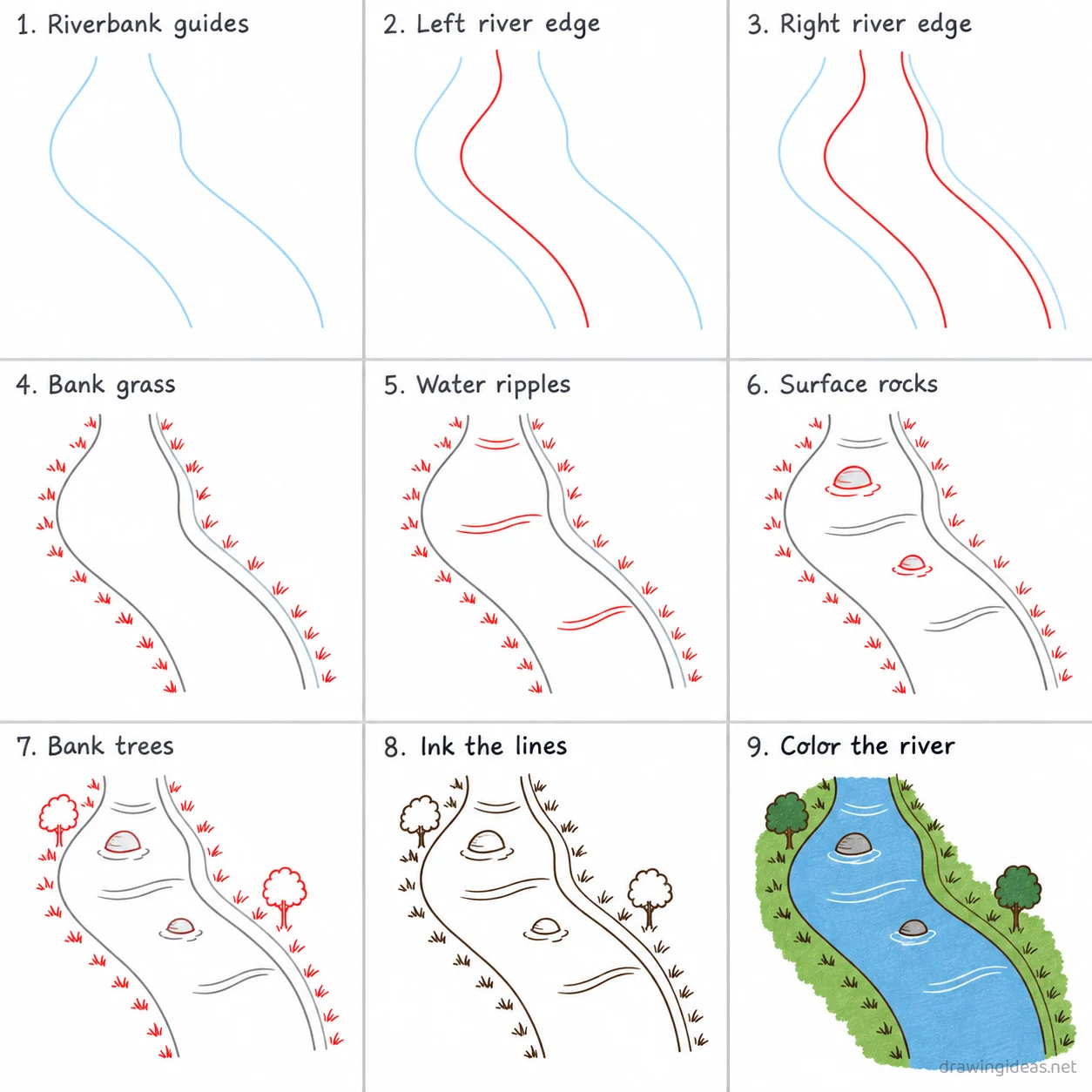How to draw a river step by step — 9-step river drawing tutorial sheet